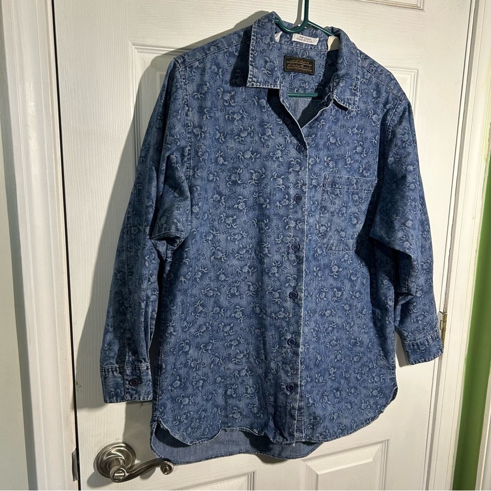 Eddie Bauer Vintage Womens Denim Button Up Size 12 Floral Print Cotton USA - Picture 2 of 13